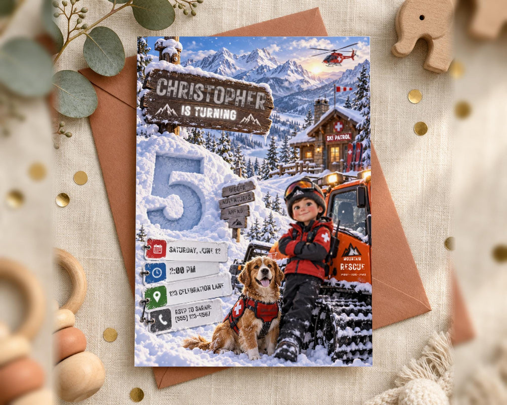 A birthday party invitation featuring a snowy mountain landscape with a young boy and a dog, along with a helicopter in the background.