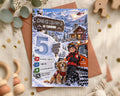 A birthday party invitation featuring a snowy mountain landscape with a young boy and a dog, along with a helicopter in the background.