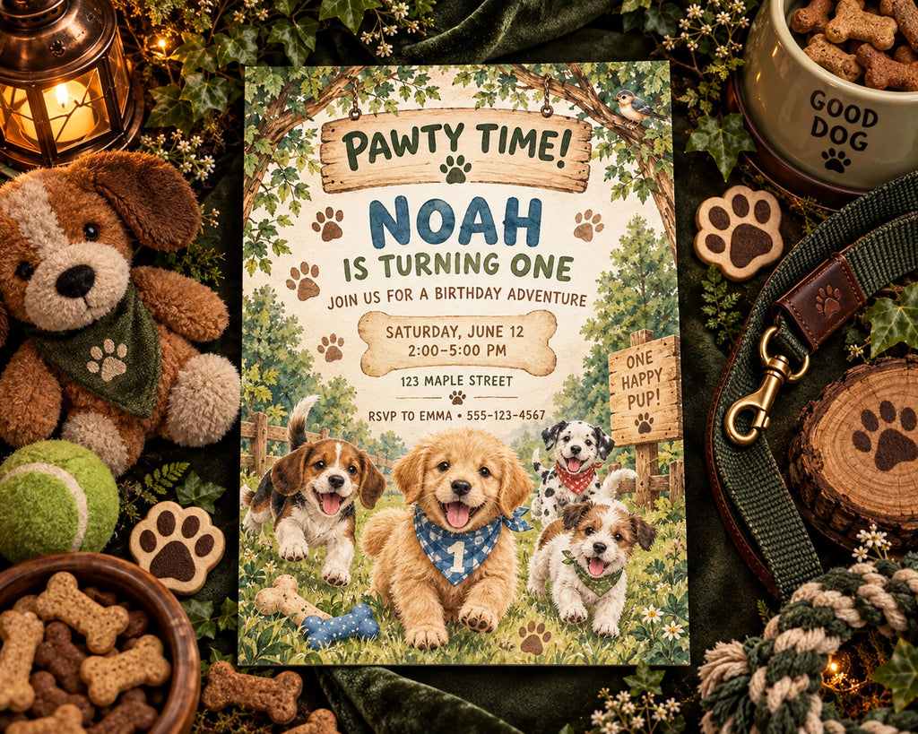 The image is a birthday invitation for a dog-themed party, featuring illustrations of dogs and a forest setting.