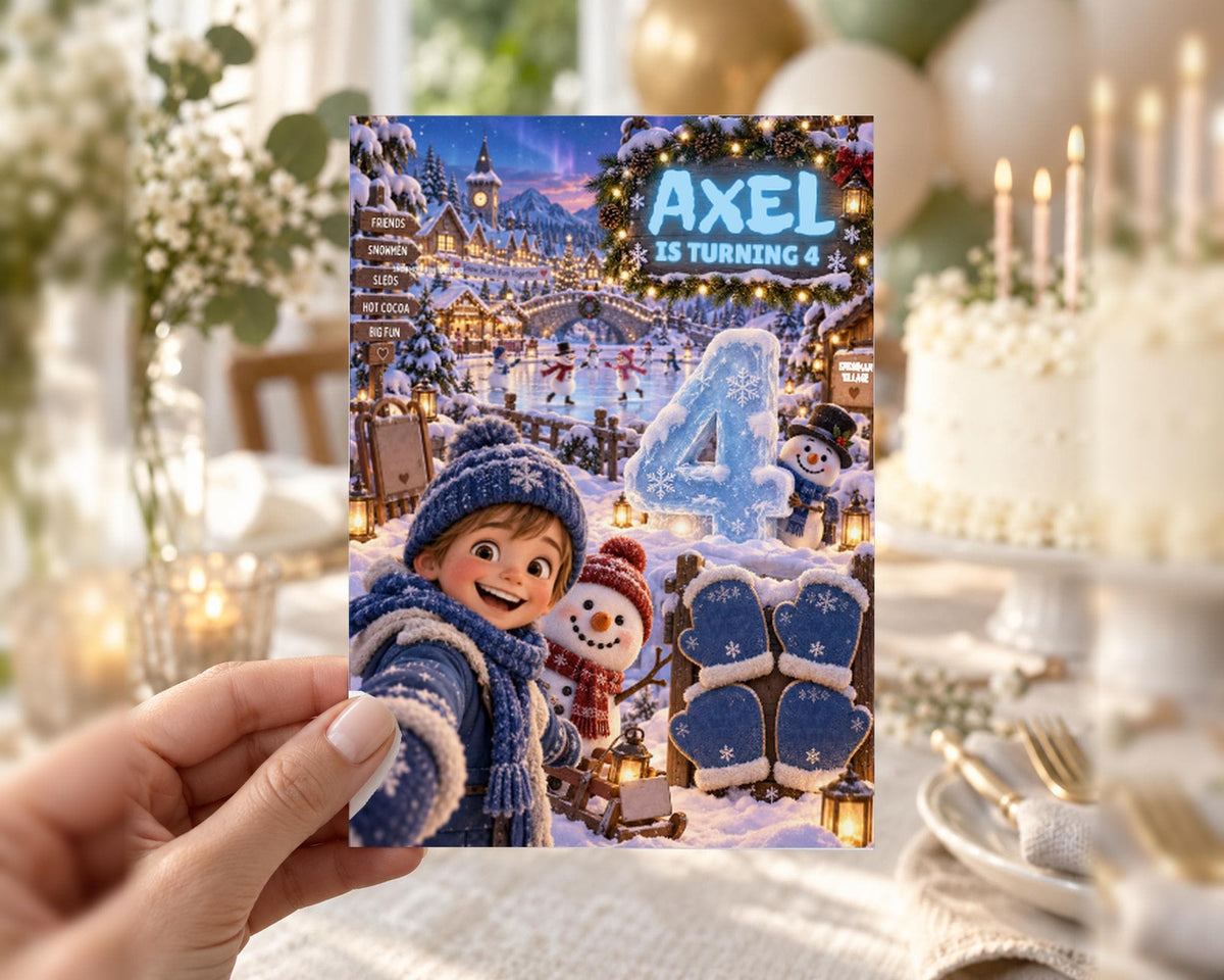 A hand holding a birthday card with a snowy winter scene and a character wearing a blue coat.