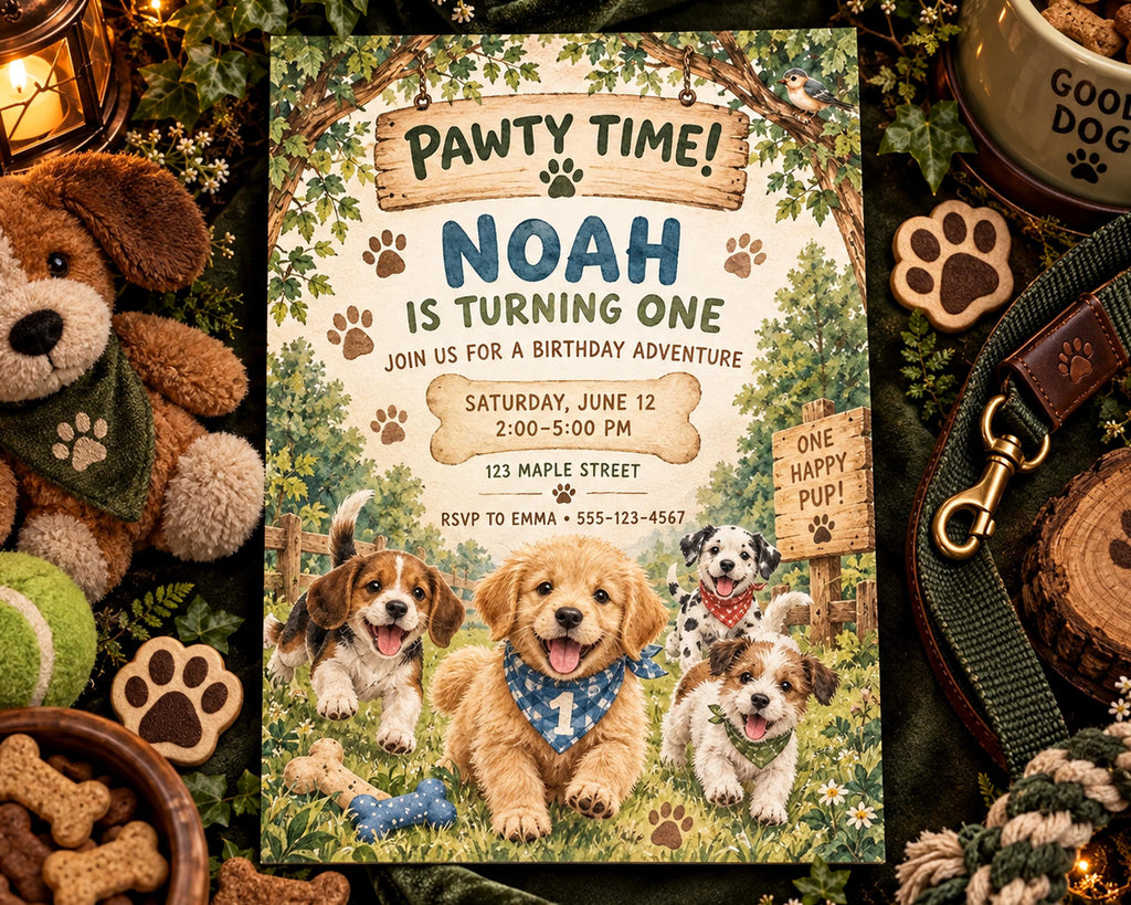 The image is a birthday invitation for a dog-themed party, featuring illustrations of several dogs and a wooden sign that says "Pawty Time! Noah is Turning One".