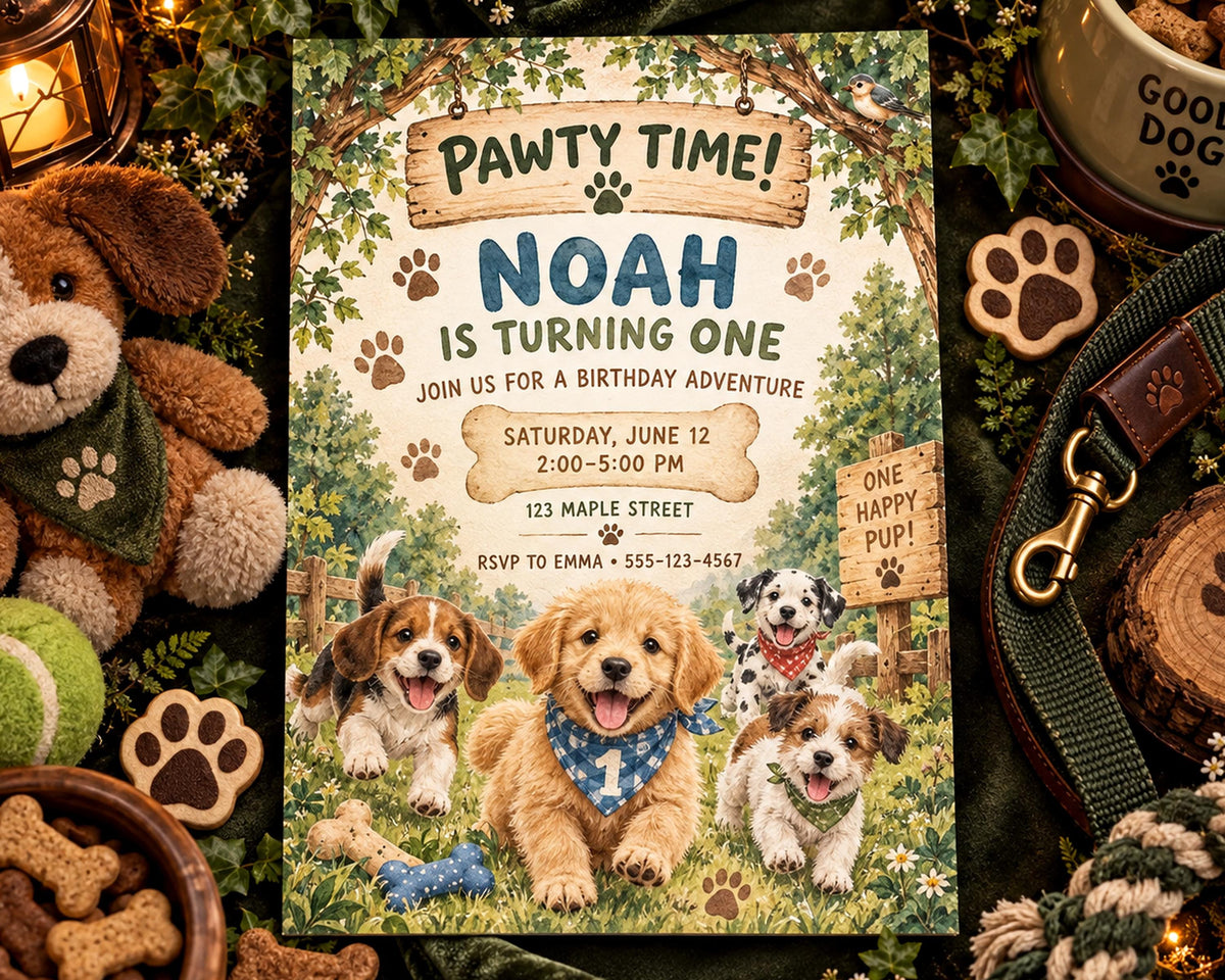 The image is a birthday invitation for a dog-themed party, featuring illustrations of several dogs and a wooden sign that says "Pawty Time! Noah is Turning One".