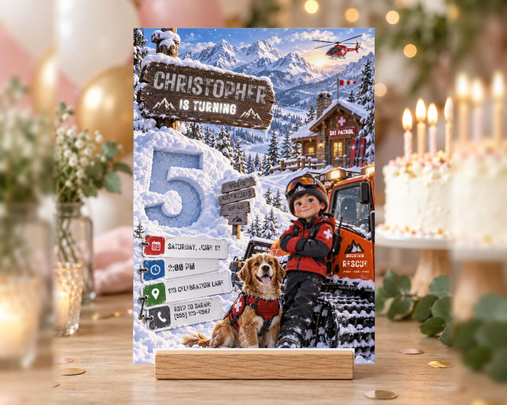 A birthday party invitation featuring a snowy mountain landscape with a young boy and a dog, along with a helicopter and a ski patrol vehicle.
