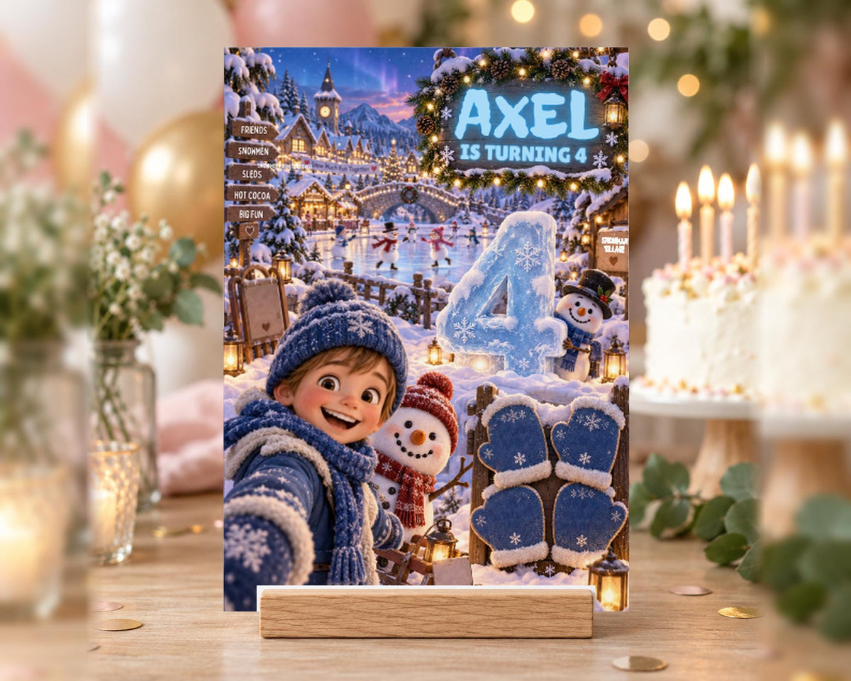 A birthday card featuring a snowy winter scene with a young boy smiling, surrounded by snowmen, a castle, and other winter-themed decorations.