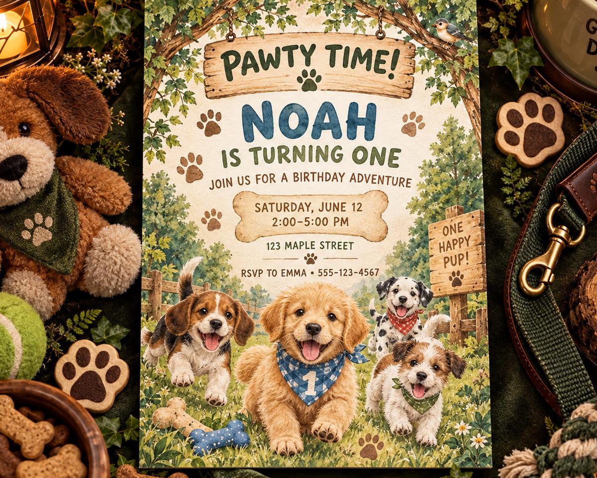 Pawty time! Noah is turning one invitation featuring a group of happy dogs in a forest setting.
