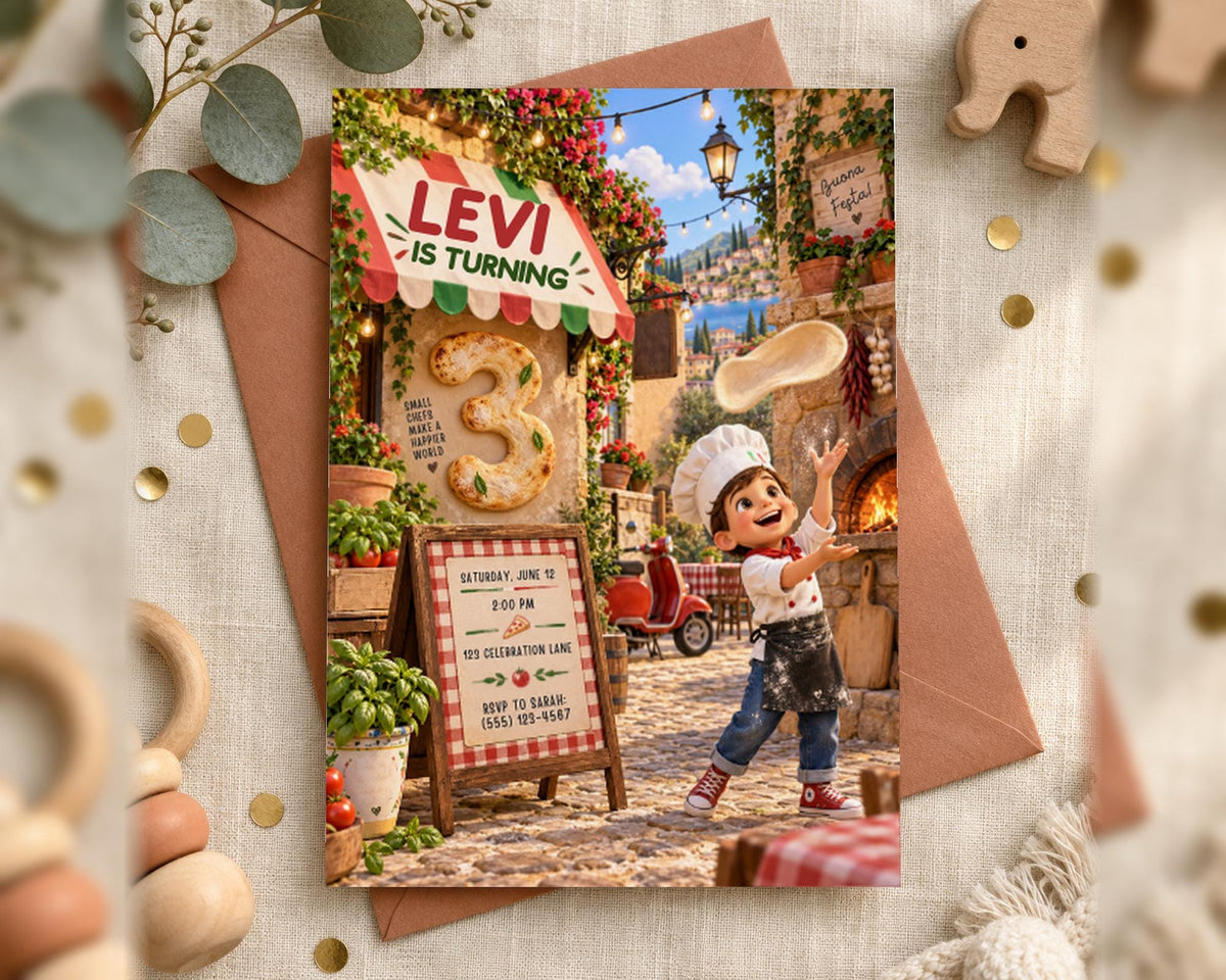 A birthday party invitation featuring a cartoon chef throwing pizza dough, surrounded by a festive atmosphere with a sign that reads " Levi is turning 3".