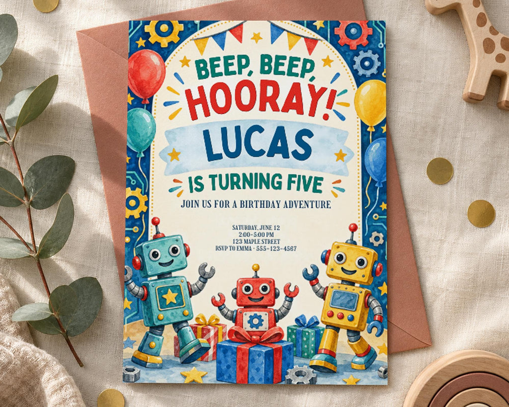 The image is a birthday invitation for Lucas, who is turning five years old. The invitation features colorful illustrations of robots and presents, along with the text "Beep, Beep, Hooray! Lucas is turning five! Join us for a birthday adventure!" The invitation is placed on a table with a toy giraffe and some confetti.
