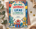 The image is a birthday invitation for Lucas, who is turning five years old. The invitation features colorful illustrations of robots and presents, along with the text "Beep, Beep, Hooray! Lucas is turning five! Join us for a birthday adventure!" The invitation is placed on a table with a toy giraffe and some confetti.