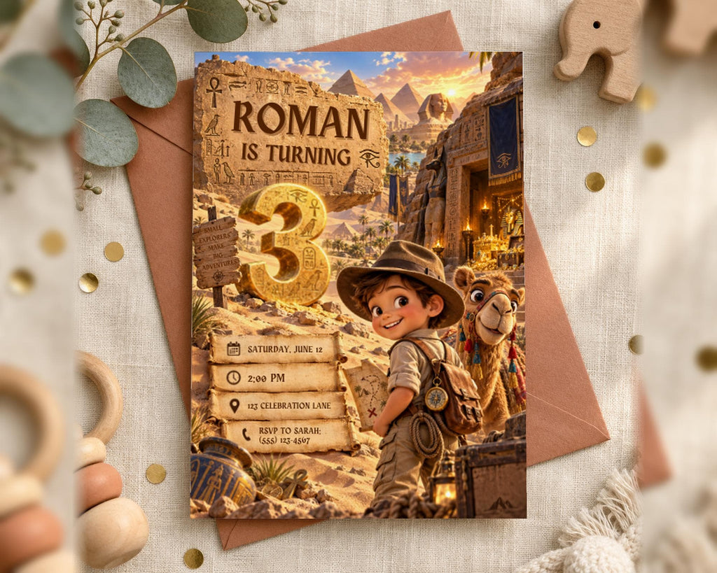 The image is a birthday invitation for a child named Roman, who is turning three years old. The invitation features a cartoon image of a young boy dressed in a safari hat, standing next to a camel, with a desert landscape in the background. The text on the invitation indicates that the event is scheduled for Saturday, June 12th at 2:00 PM, and will be held at the Celebration Lane, RSVP to Sarah: (ss52-5454).
