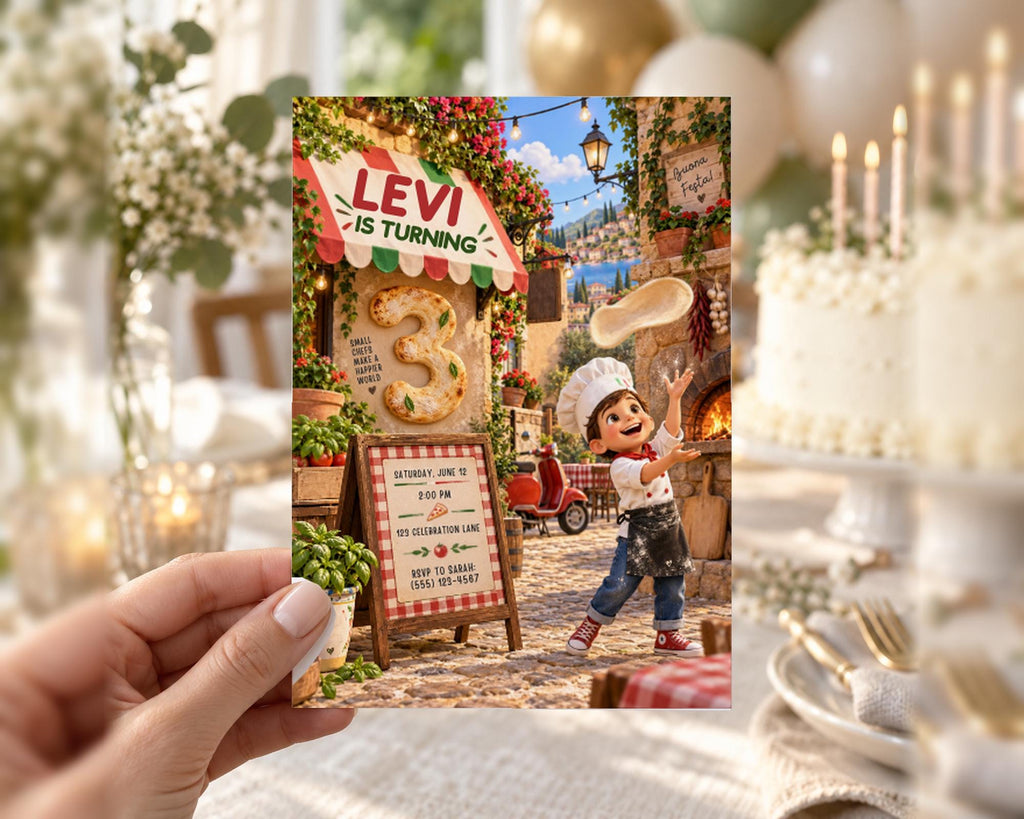 A hand holding a birthday card featuring a cartoon chef and a pizza shop, with the text "LEVI is turning 3" and "small birthday party" written on it.