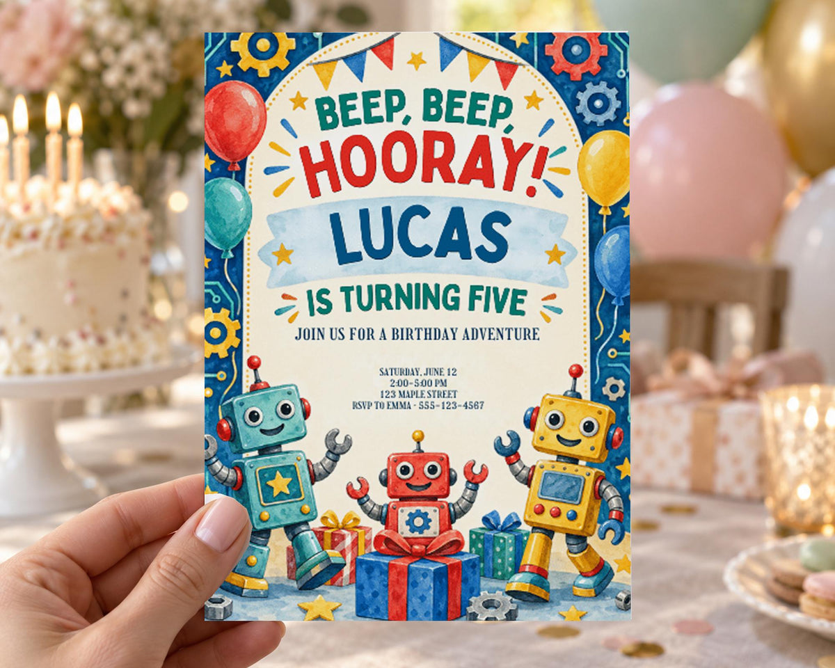 The image is a birthday invitation for a child named Lucas, who is turning five years old. The invitation features colorful illustrations of robots and presents, along with the text "Beep, Beep, Hooray! Lucas is turning five! Join us for a birthday adventure!" The background of the image is filled with balloons, adding to the festive atmosphere.