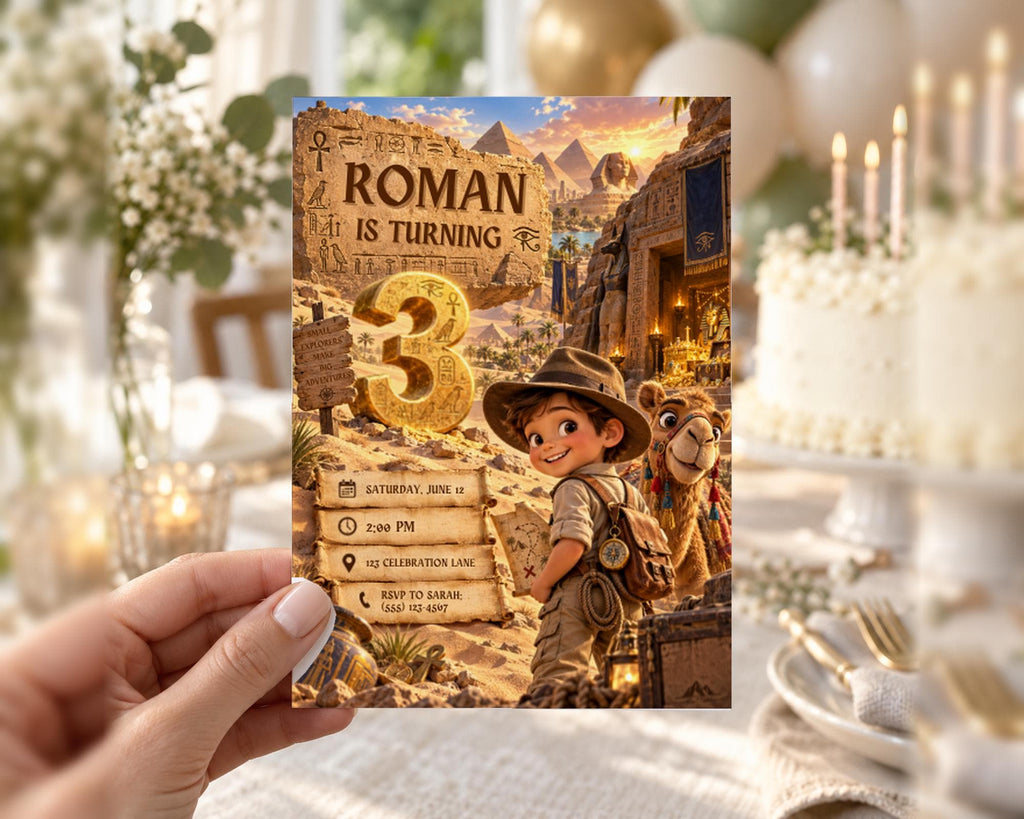 The image is a birthday invitation for a child named Roman, who is turning three years old. The invitation features a cartoon image of a young boy dressed as a traveler, with the text "ROMAN IS TURNING 3" prominently displayed. The background of the invitation includes a desert landscape with pyramids and a camel, creating a sense of adventure and exploration. The invitation also includes details about the event, including the date, time, location, and RSVP information.