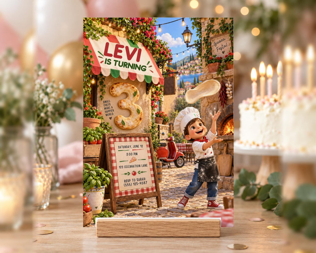 The image is a birthday party invitation featuring a cartoon chef, Levi, throwing a pizza in a pizzeria setting. The background includes a table with a cake, balloons, and other decorations, creating a festive atmosphere.