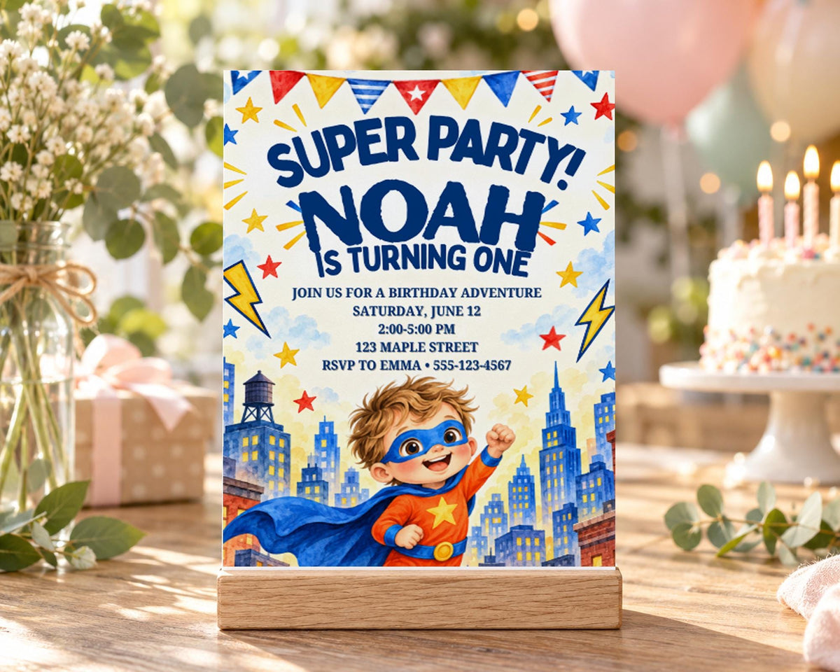 The image is a birthday party invitation for Noah, featuring a superhero theme with a young boy dressed as a superhero.