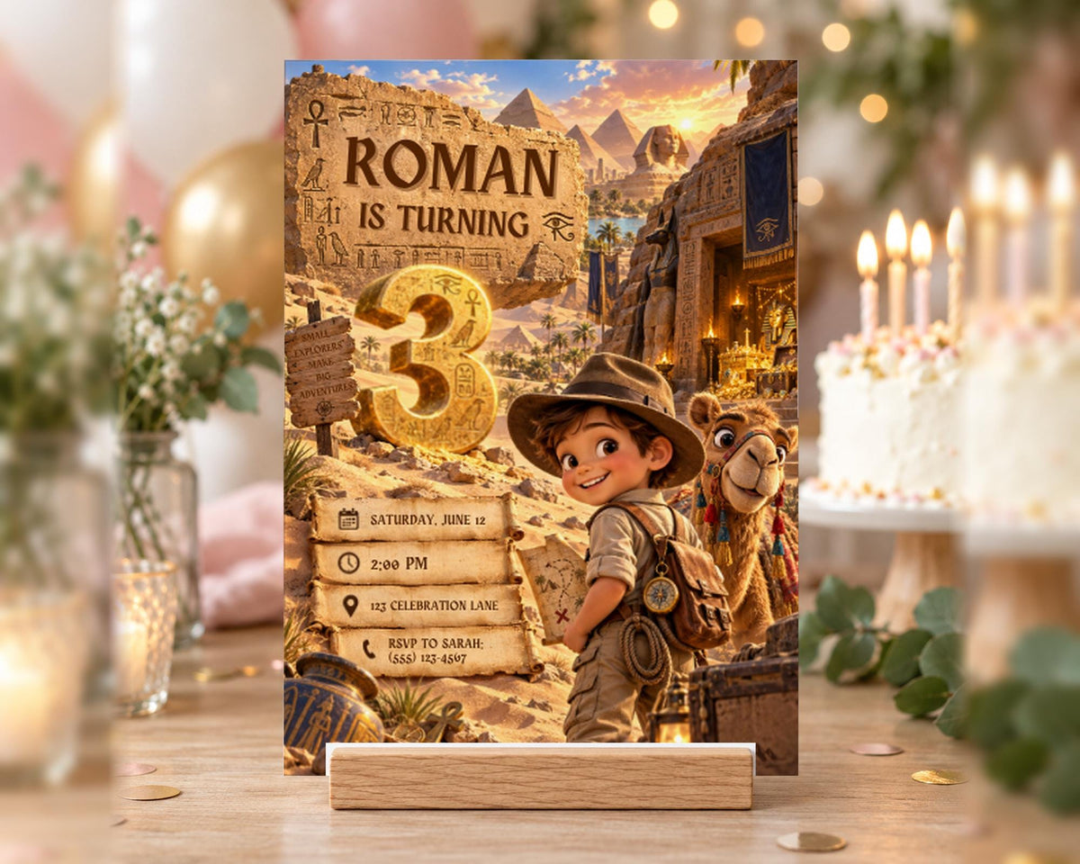 The image is a birthday invitation featuring a cartoon character, likely a young boy, with the text "ROMAN IS TURNING 3" and a desert landscape with pyramids in the background.