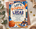 The image is a birthday invitation for Lucas, who is turning five, featuring a basketball theme with a basketball, basketball hoop, and basketball shoes.