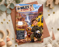 The image is a birthday invitation for a child named Miles, featuring a cartoon character and a dog, with a helicopter and a waterfall in the background.