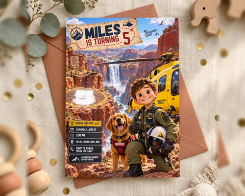 The image is a birthday invitation for a child named Miles, featuring a cartoon character and a dog, with a helicopter and a waterfall in the background.
