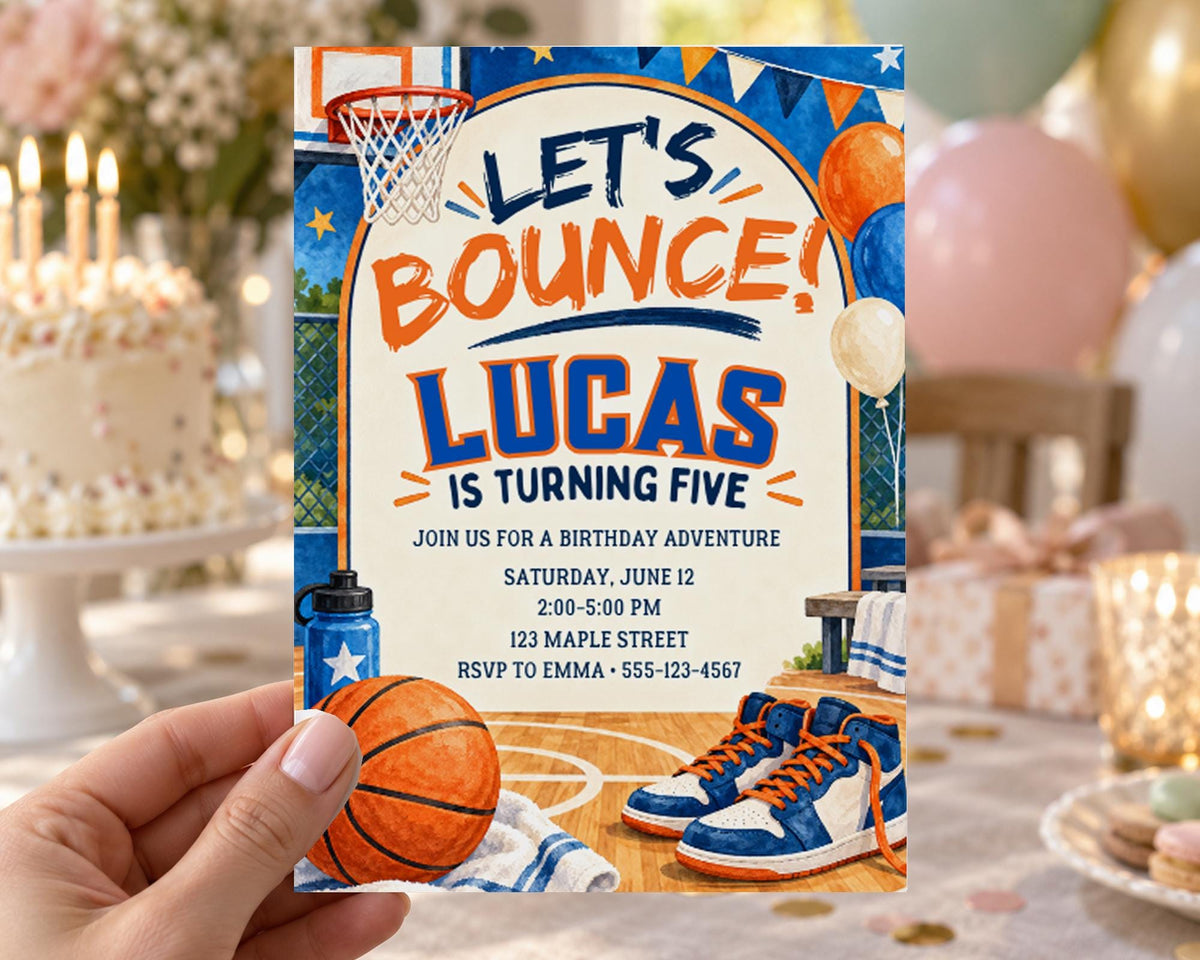 The image is a birthday invitation for a boy named Lucas, who is turning five years old. The invitation features a basketball theme, with a basketball, basketball hoop, and basketball shoes.