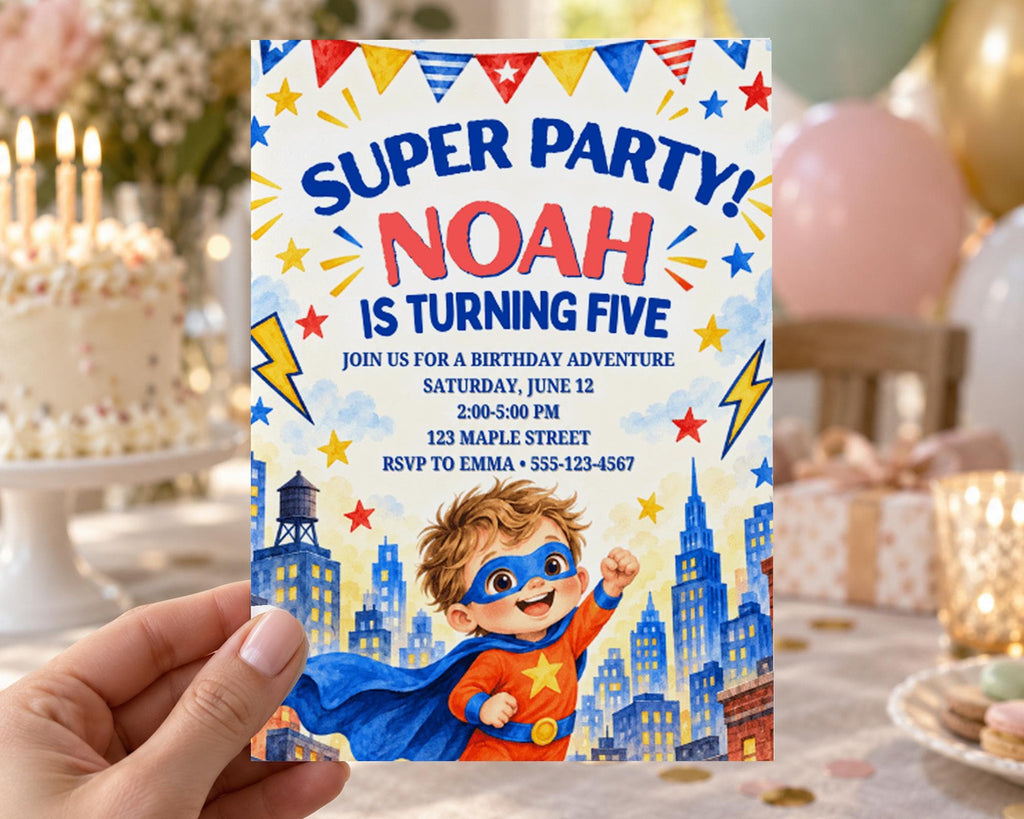A hand holding a birthday party invitation for Noah, who is turning five, with a superhero theme.