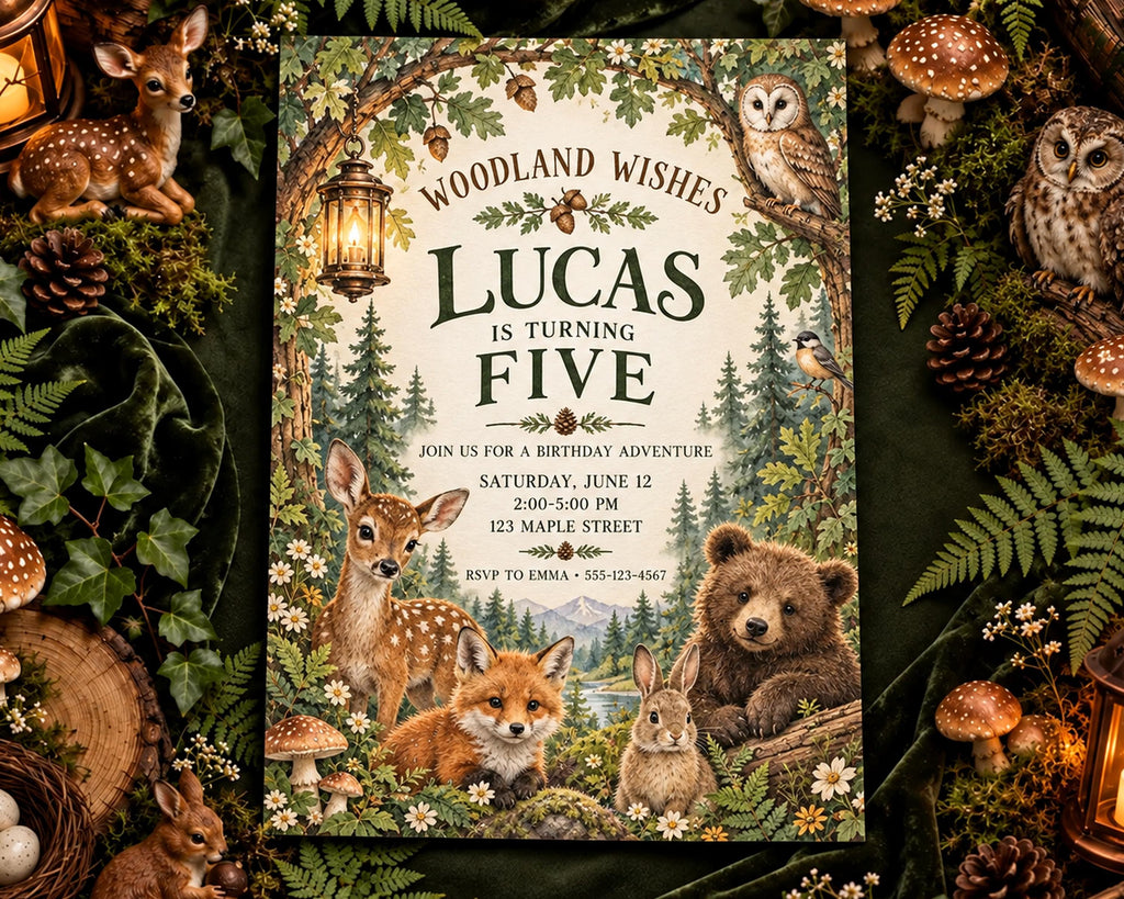 The image is a birthday invitation featuring woodland animals such as a bear, rabbit, fox, and deer, surrounded by a forest setting and mushrooms.