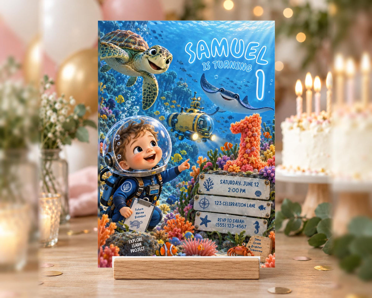 A birthday party invitation featuring a young boy in a scuba diving suit, surrounded by colorful marine life and underwater elements, with a cake and candles in the background.