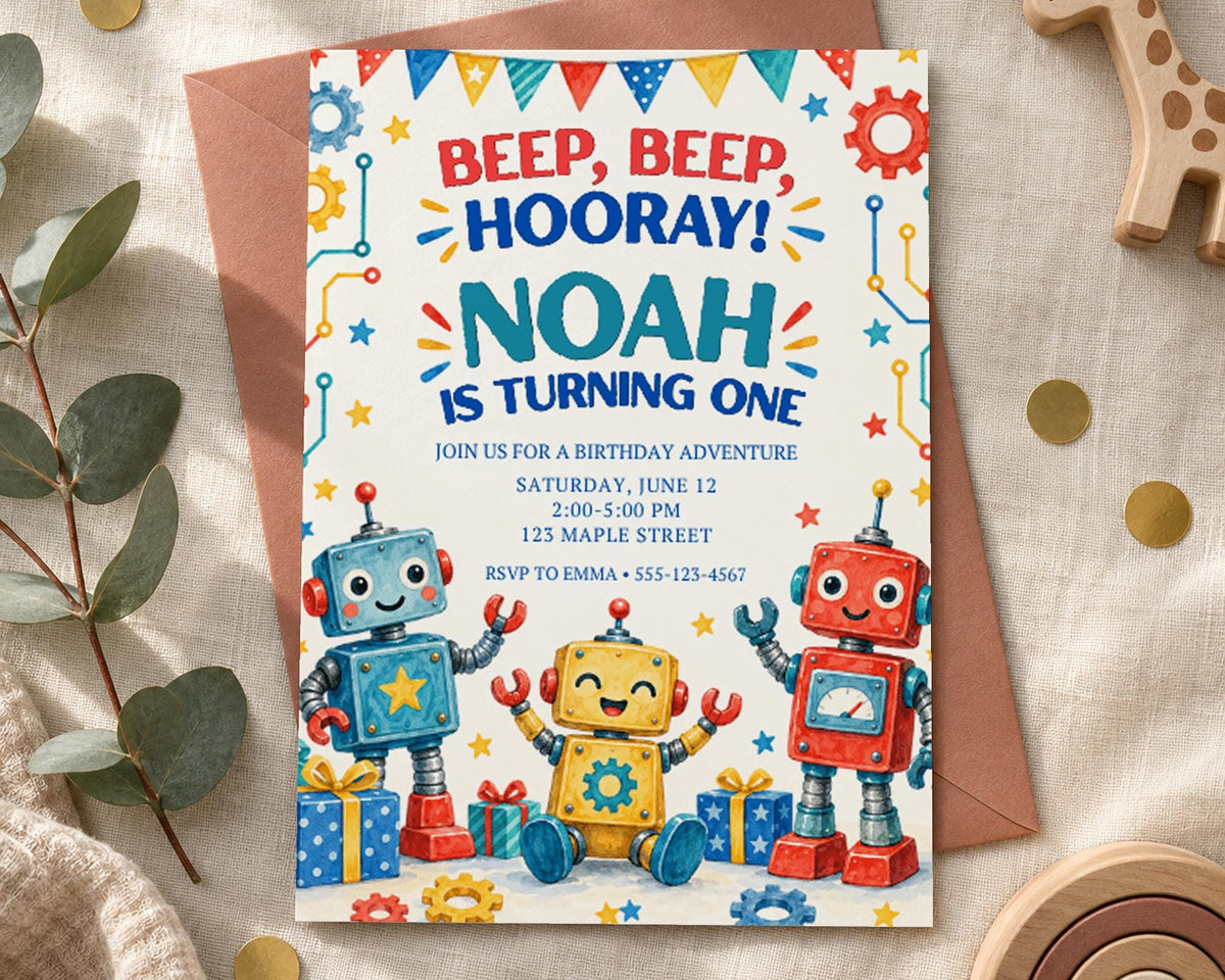 The image is a birthday invitation for a child named Noah, featuring colorful robots and a celebratory design.