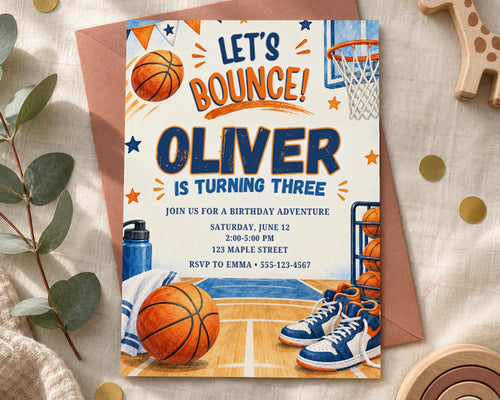 The image is a birthday invitation for a boy named Oliver who is turning three years old. The invitation features illustrations of basketballs, a basketball hoop, and a pair of sneakers, along with the text "Let's Bounce! Oliver is Turning Three".