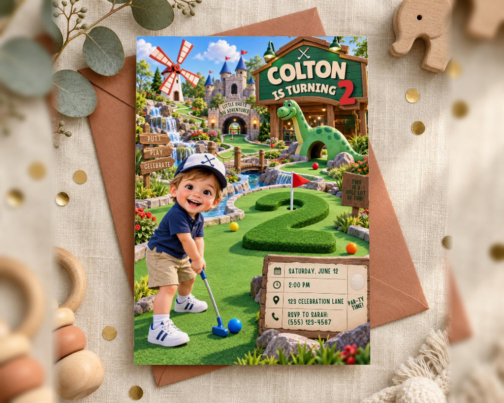 A birthday party invitation featuring a cartoon character playing golf on a miniature golf course, surrounded by a castle, windmill, and other whimsical elements.