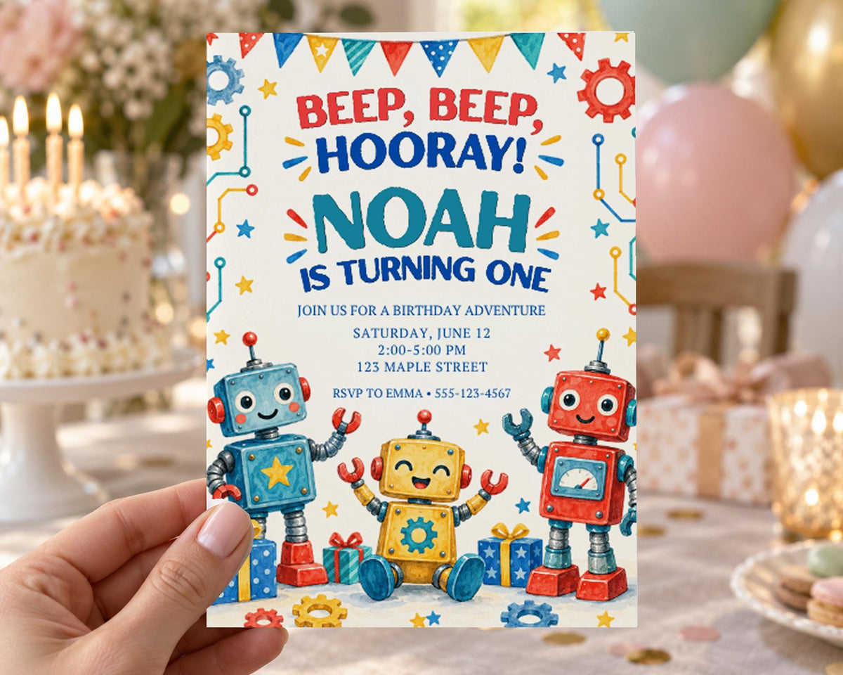 The image is a birthday invitation for a robot-themed party, featuring illustrations of three colorful robot characters and text that announces the event.