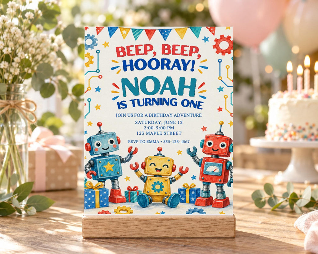 The image is a birthday invitation featuring three colorful robot characters, with the text "BEEP, BEEP, HOORAY! NOAH IS TURNING ONE" prominently displayed.