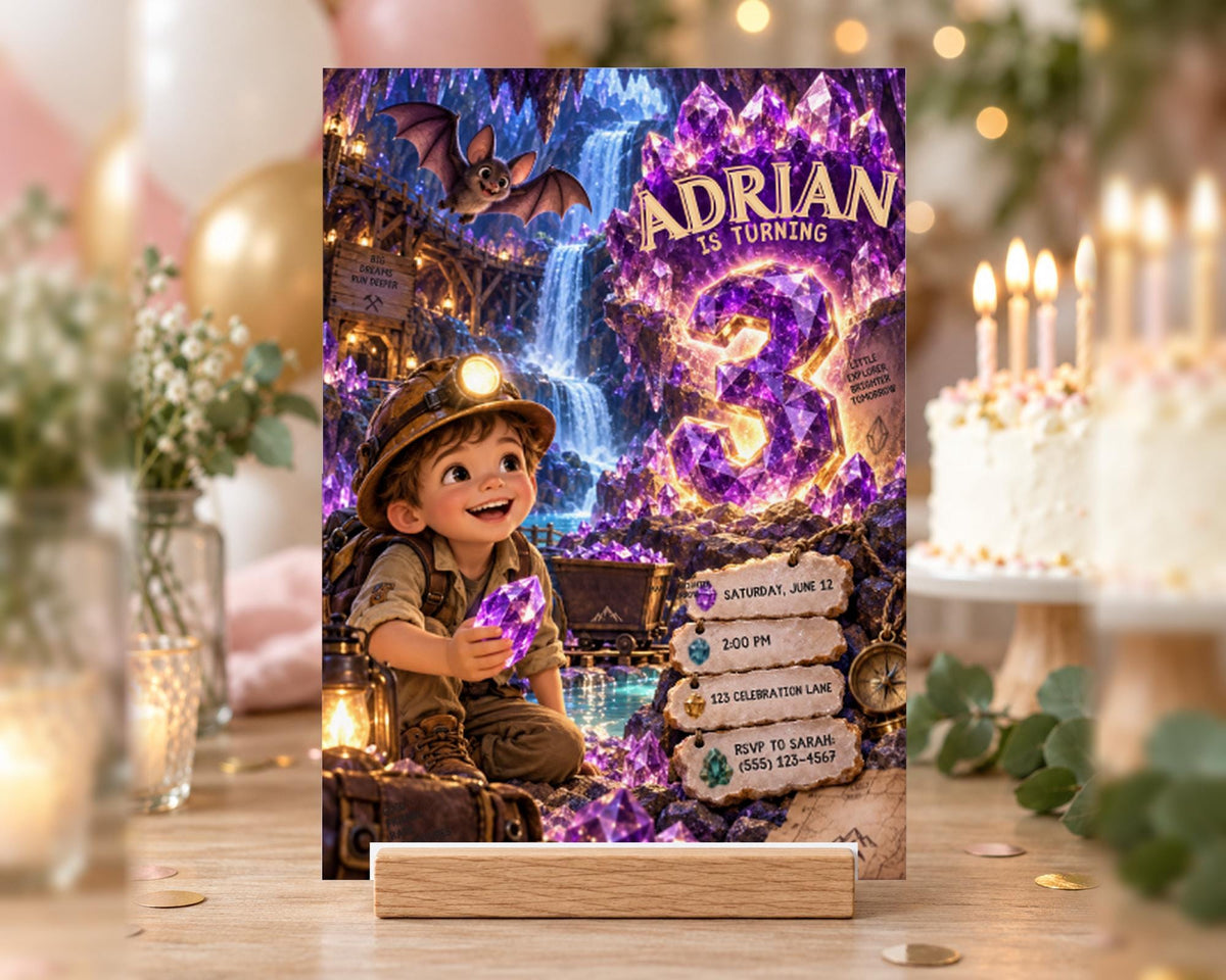 A birthday party invitation featuring a cartoon character, likely a young boy, with a purple and blue theme. The character is holding a purple gemstone and appears to be smiling. The invitation is set against a backdrop of a cave, waterfall, and other natural elements.