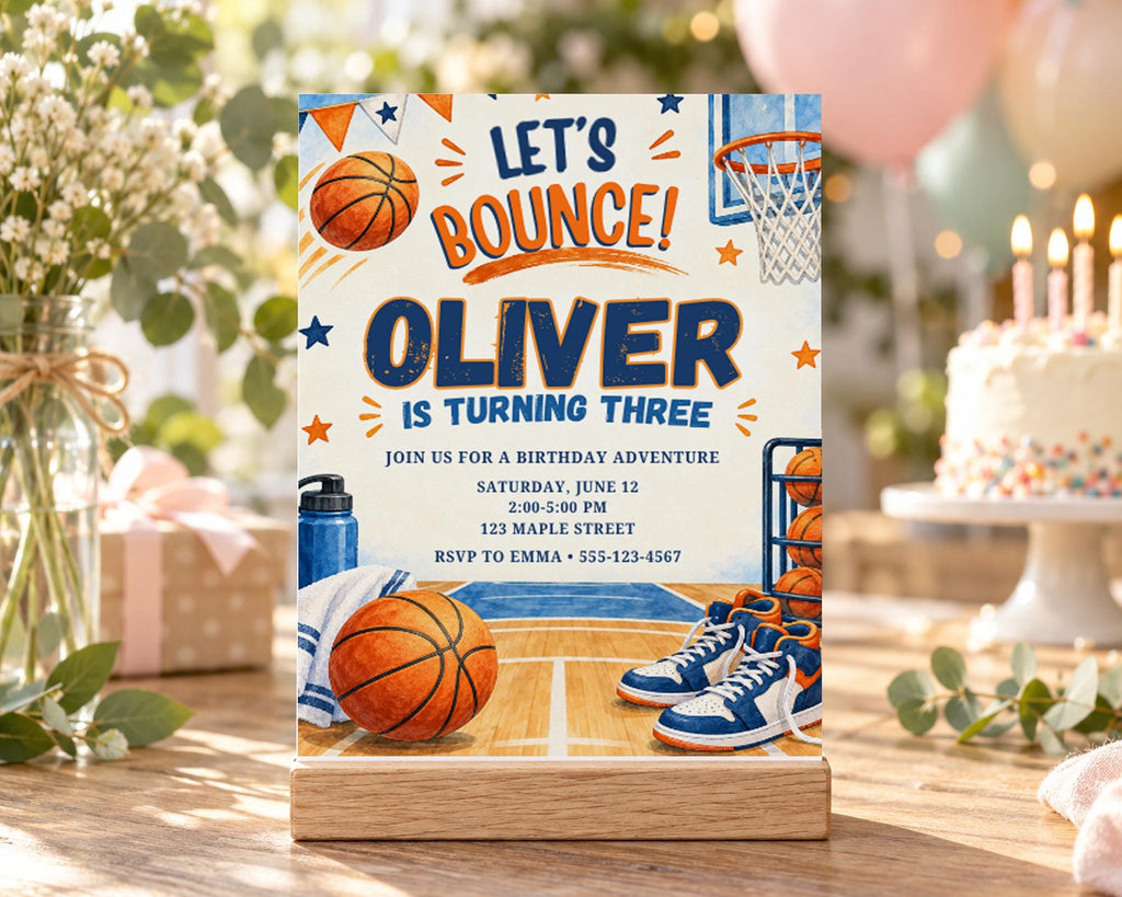A birthday invitation for a boy named Oliver, who is turning three years old. The invitation features illustrations of basketballs, a basketball hoop, and a cake, along with the text "Let's bounce! Oliver is turning three".
