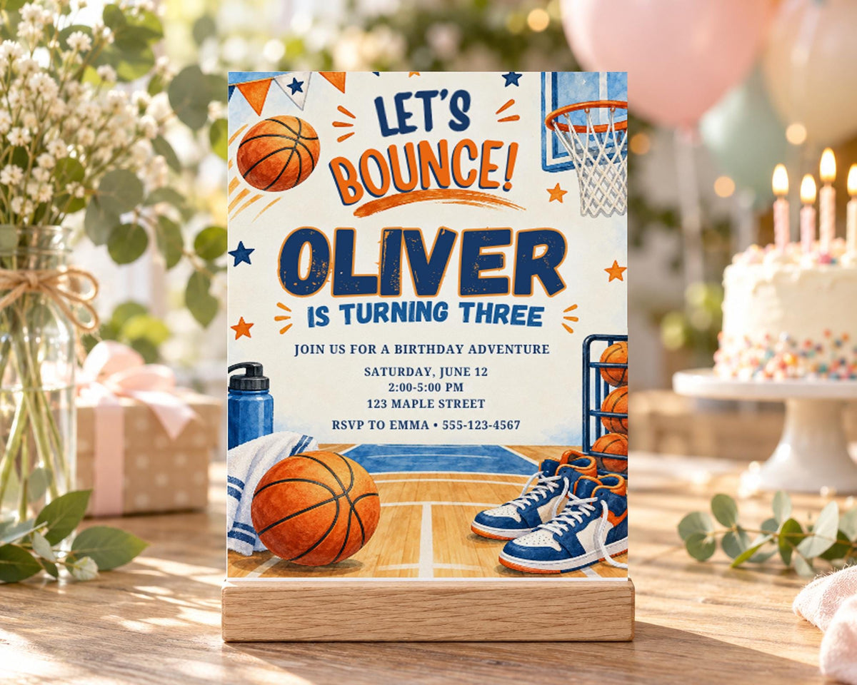 A birthday invitation for a boy named Oliver, who is turning three years old. The invitation features illustrations of basketballs, a basketball hoop, and a cake, along with the text "Let's bounce! Oliver is turning three".