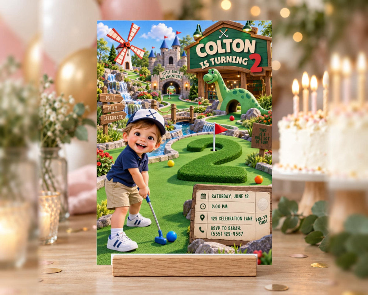 A birthday party invitation featuring a cartoon character playing golf on a miniature golf course, with a cake and balloons in the background.