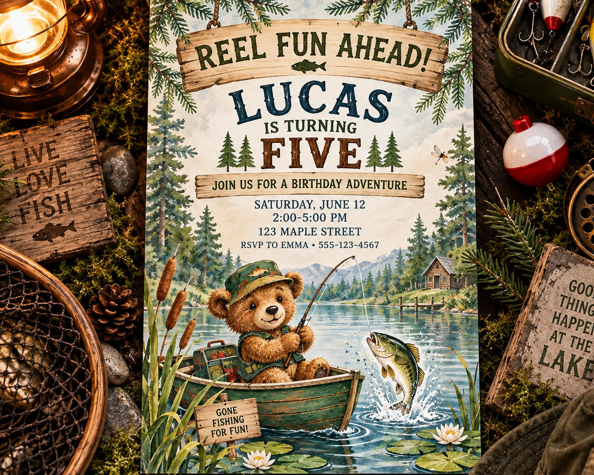 The image is a birthday invitation for Lucas, who is turning five years old. The invitation features a teddy bear fishing in a boat on a lake, surrounded by nature elements like pine trees and lily pads. The invitation includes details about the birthday party, such as the date, time, and location, as well as a RSVP request.