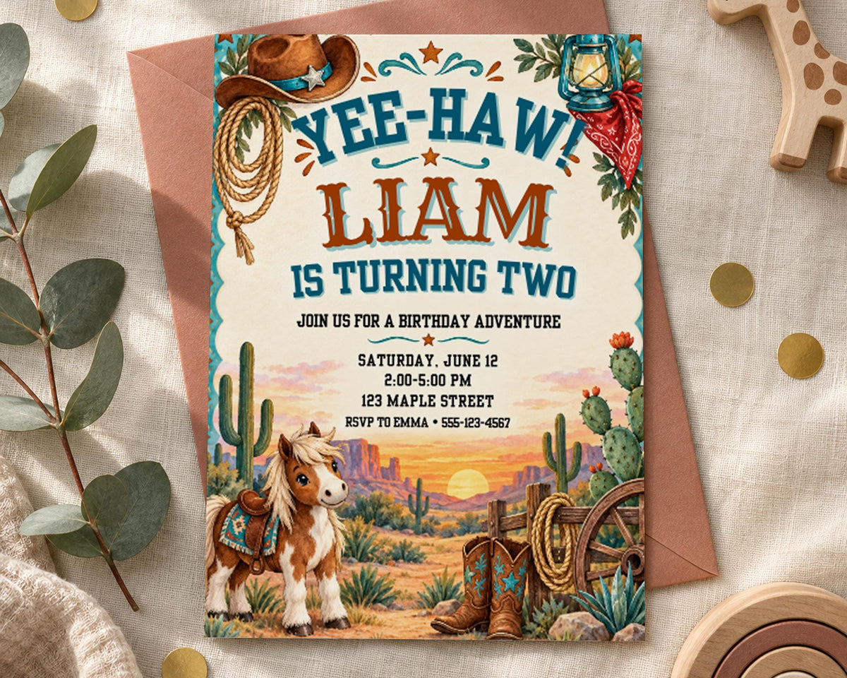 The image is a birthday invitation for a boy named Liam, who is turning two years old. The invitation features a cowboy theme with a horse, cactus, and other desert-themed elements.
