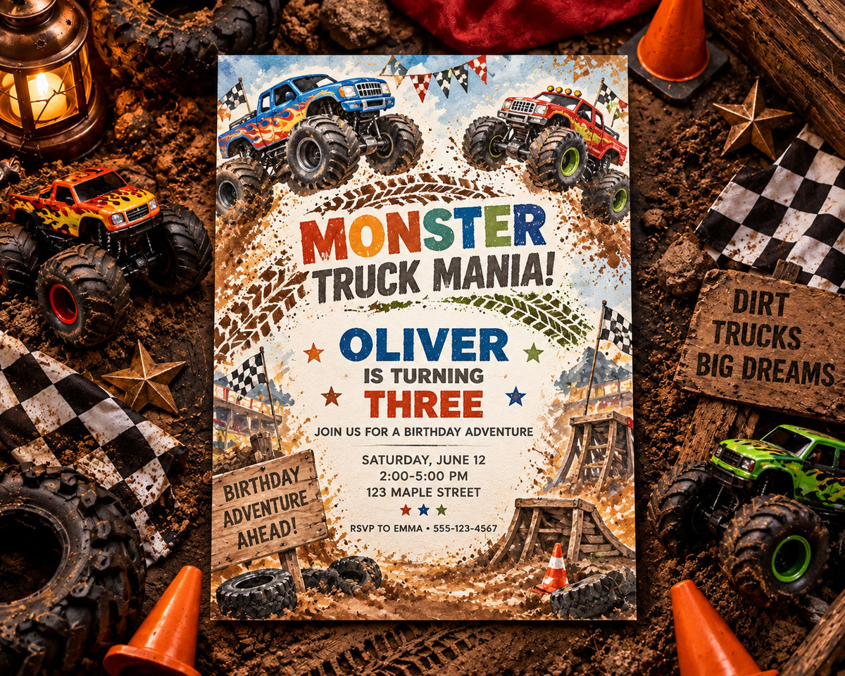 The image is a birthday invitation for a three-year-old boy named Oliver, celebrating his birthday with a theme of monster truck adventures. The invitation features colorful illustrations of monster trucks and dirt, along with the text "MONSTER TRUCK MANIA! OLIVER IS TURNING THREE" and details of the birthday party, including the date, time, location, and RSVP instructions.