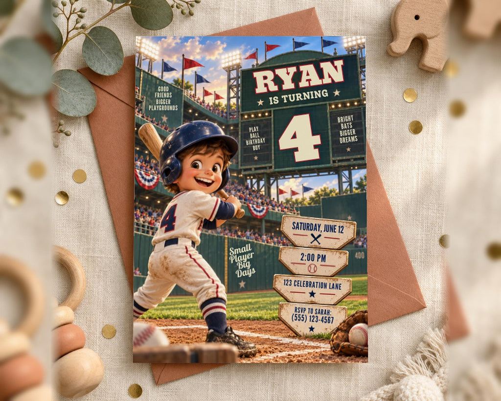 A birthday party invitation for a boy named Ryan, who is turning 4 years old. The invitation features a baseball player in a batting helmet and uniform, with the text "RYAN IS TURNING 4" prominently displayed.