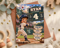 A birthday party invitation for a boy named Ryan, who is turning 4 years old. The invitation features a baseball player in a batting helmet and uniform, with the text "RYAN IS TURNING 4" prominently displayed.