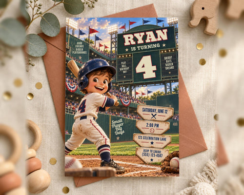 A birthday party invitation for a boy named Ryan, who is turning 4 years old. The invitation features a baseball player in a batting helmet and uniform, with the text "RYAN IS TURNING 4" prominently displayed.