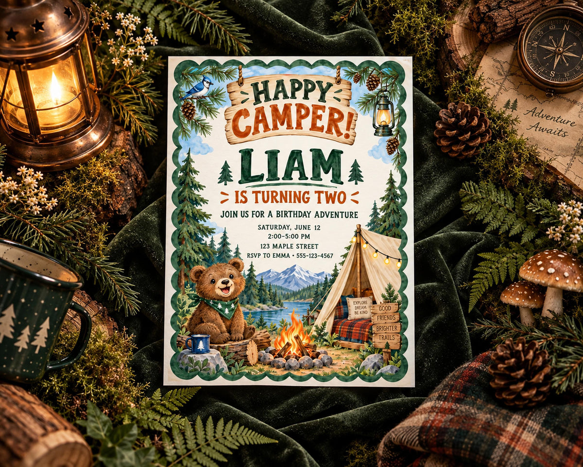 The image is a birthday party invitation for a boy named Liam, featuring a camping theme with illustrations of a tent, campfire, and a teddy bear.