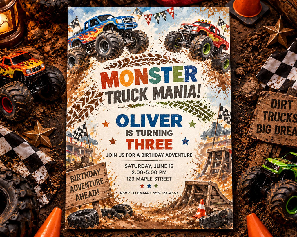 The image is a birthday invitation for a child named Oliver, featuring a theme of monster trucks and dirt adventures.