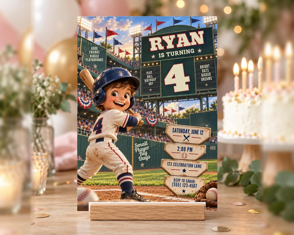 A birthday party invitation featuring a cartoon baseball player, with the text "RYAN IS TURNING 4" and details about the event.