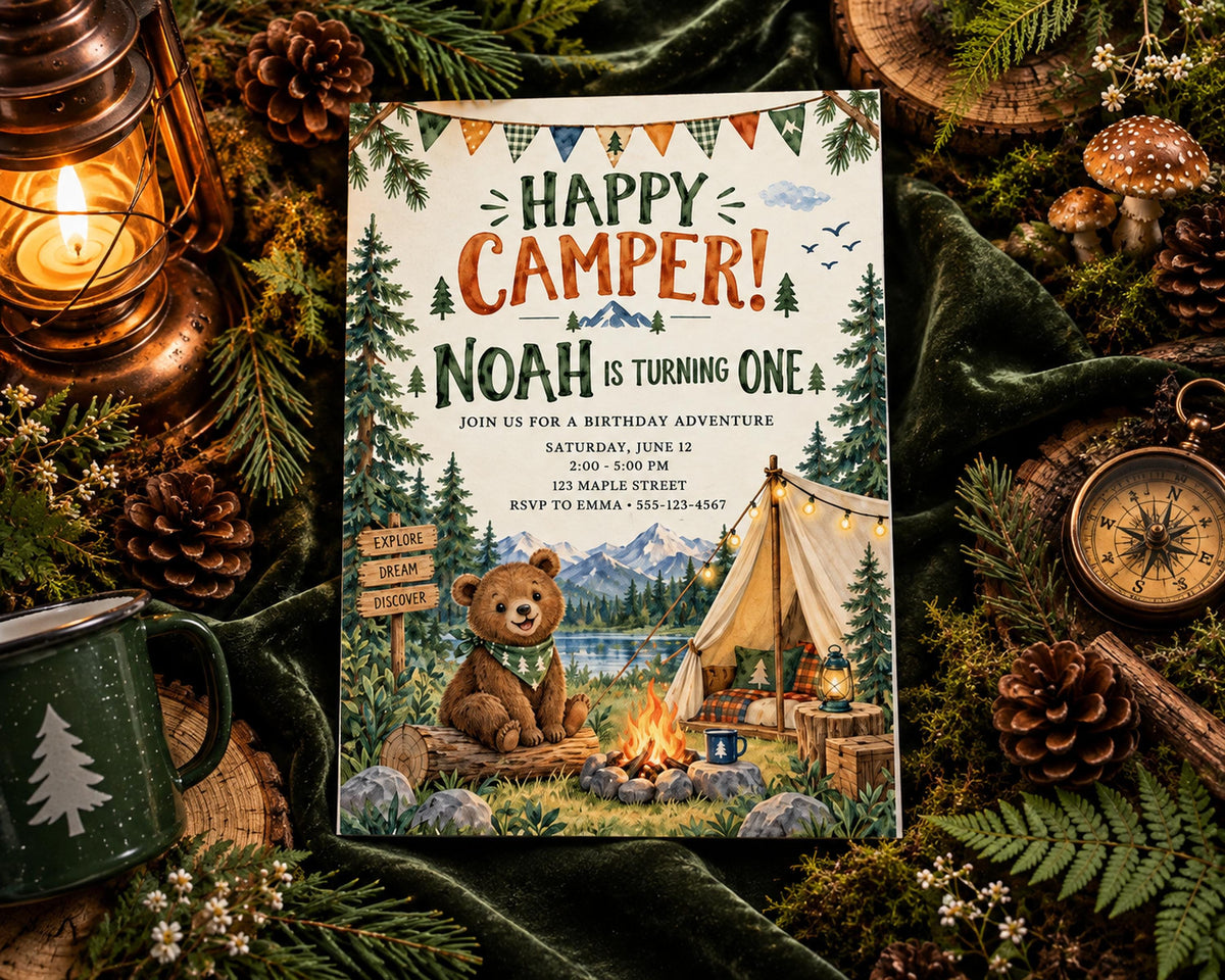 The image is a birthday invitation for Noah, who is turning one, featuring a teddy bear, a tent, and a campfire. The invitation is surrounded by pine cones, a lantern, and other camping-themed decorations, creating a festive and adventurous atmosphere.