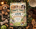 a birthday invitation for a dog-themed party for a child named Lucas, with illustrations of dogs and a barn. The invitation is surrounded by various dog-related items, such as a teddy bear, a dog collar, and a dog toy.