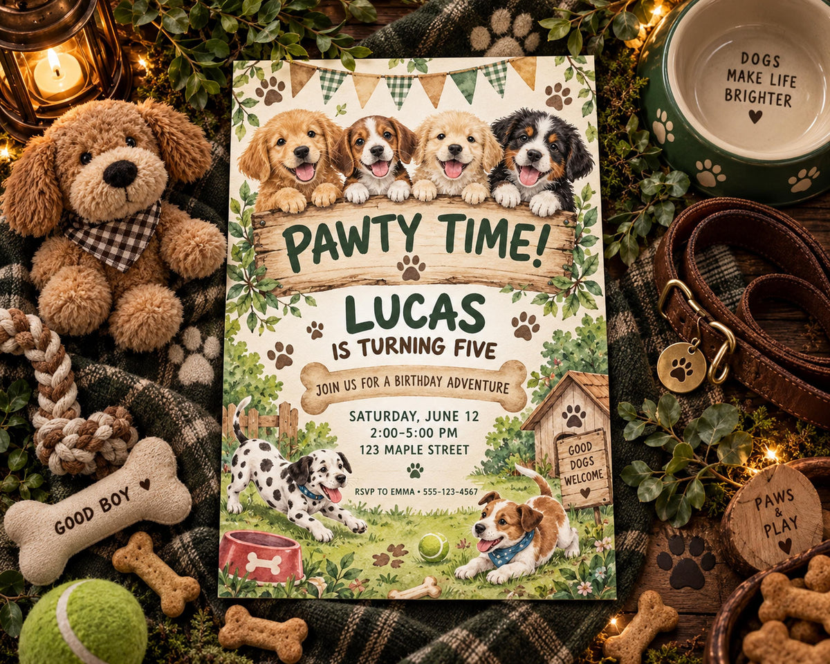 a birthday invitation for a dog-themed party for a child named Lucas, with illustrations of dogs and a barn. The invitation is surrounded by various dog-related items, such as a teddy bear, a dog collar, and a dog toy.