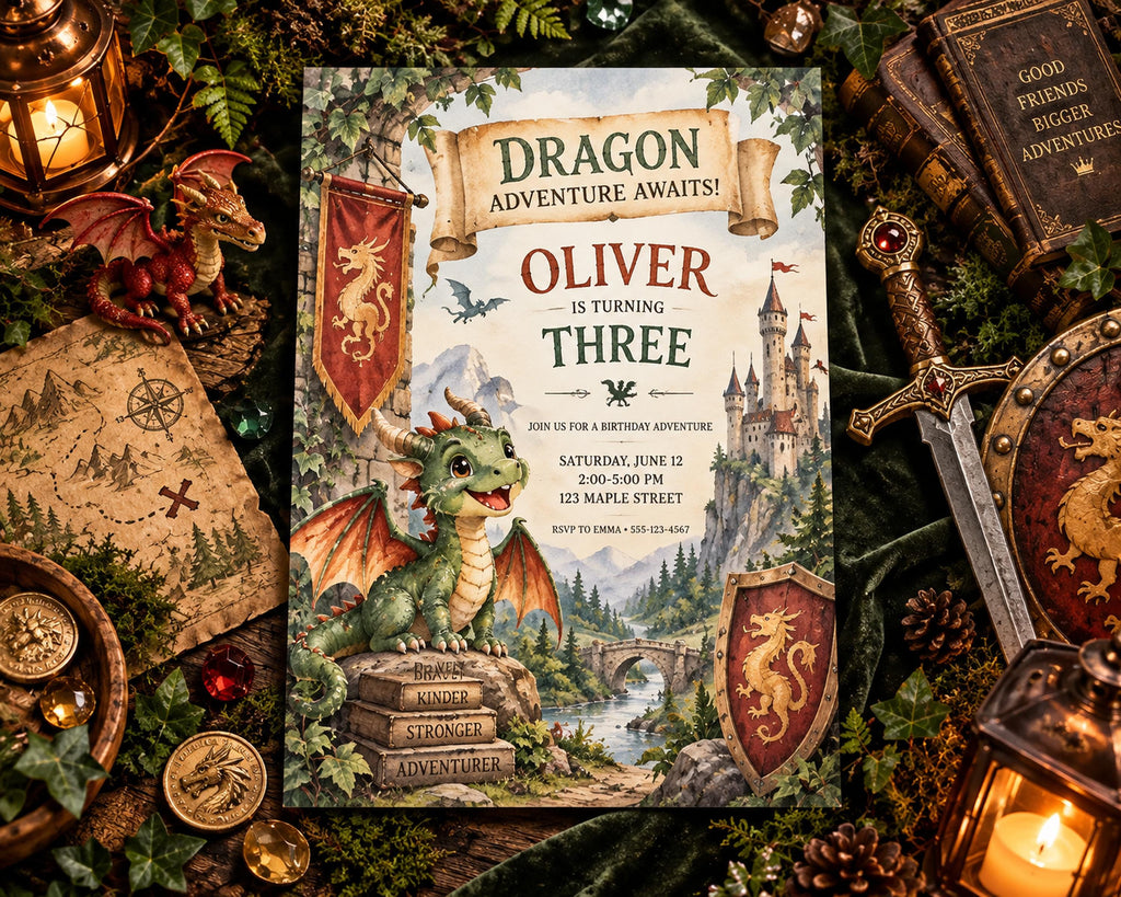 The image is a birthday invitation for a three-year-old named Oliver, featuring a dragon theme. The invitation is surrounded by various dragon-themed decorations, including a dragon statue, a dragon map, and a dragon-shaped candle holder.