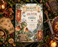 The image is a birthday invitation for a three-year-old named Oliver, featuring a dragon theme. The invitation is surrounded by various dragon-themed decorations, including a dragon statue, a dragon map, and a dragon-shaped candle holder.