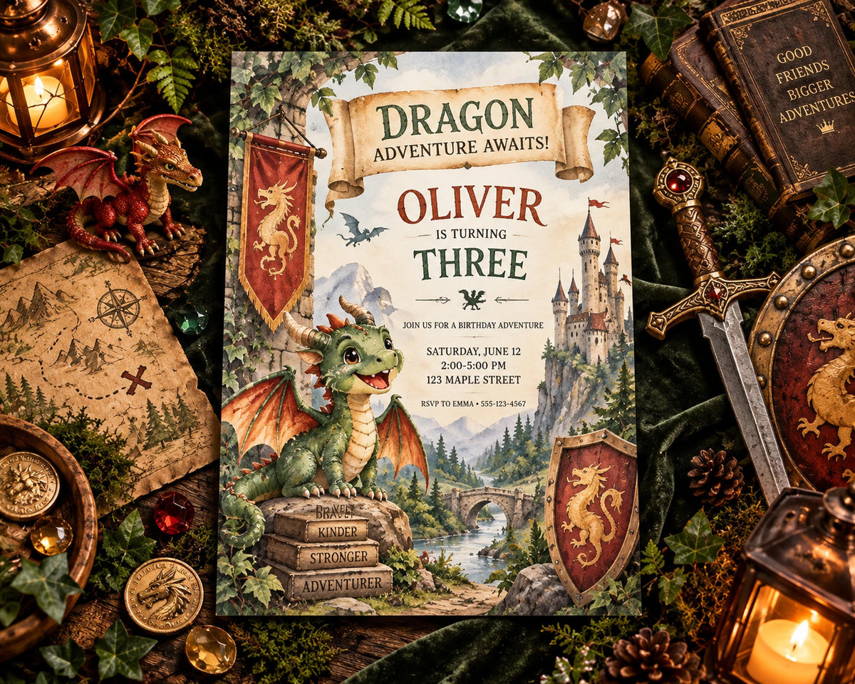 The image is a birthday invitation for a three-year-old named Oliver, featuring a dragon theme. The invitation is surrounded by various dragon-themed decorations, including a dragon statue, a dragon map, and a dragon-shaped candle holder.